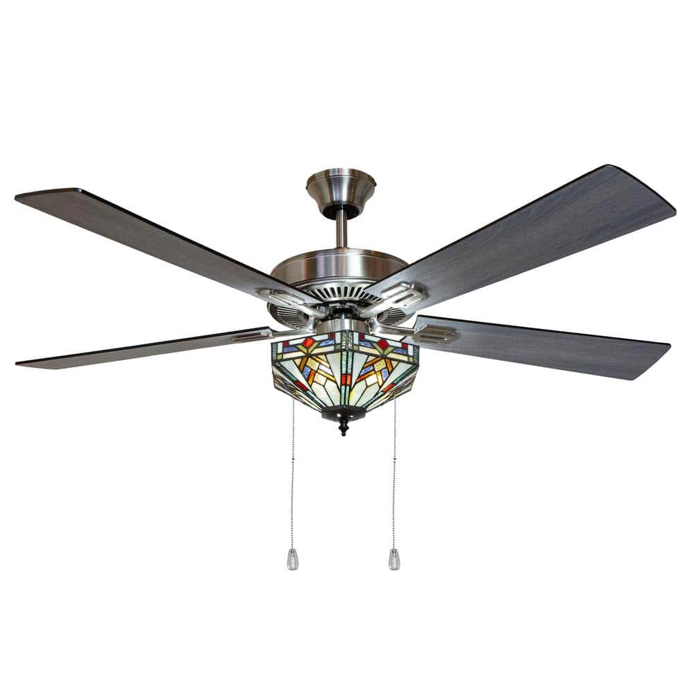 Wright 52 in. Satin Nickel Mission Stained Glass Ceiling Fan with Light -  River of Goods, 20077