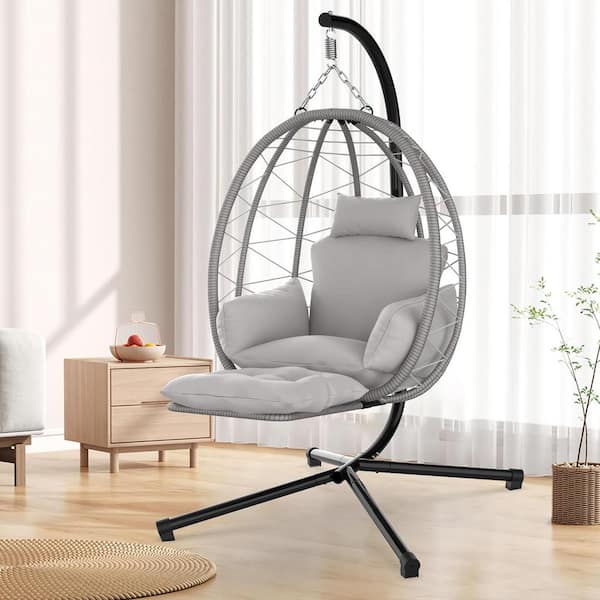 SEEUTEK Grey Egg Chair Metal Patio Hanging Basket Chair, Rattan