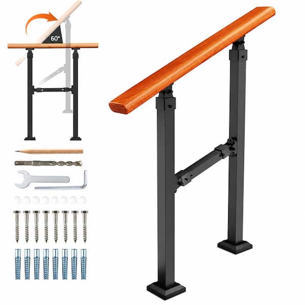 2 Step Wood Grain Metal Handrail Indoor Outdoor Stair Railing Kit for Porch Concrete and Wood Steps