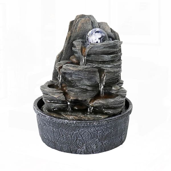 9.8 in. Resin Rockery Indoor Tabletop Tiered Fountain with LED Lights and Crystal Ball for Zen Home and Office Decor.