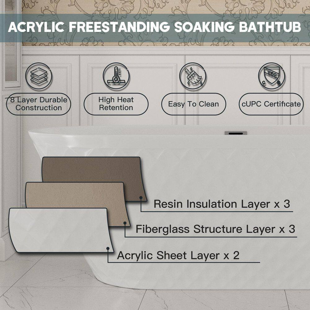 White Diamond Pattern Acrylic Freestanding Soaking Bathtub