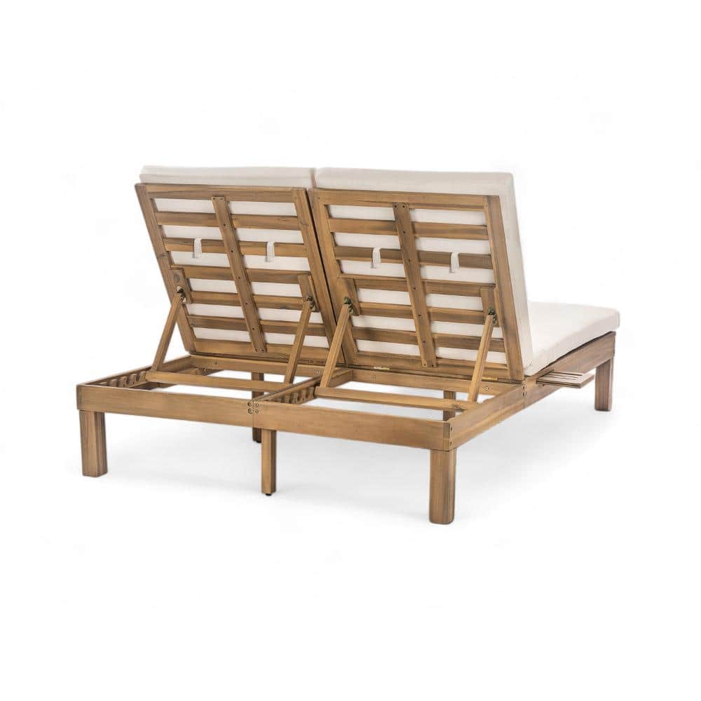 Rear view of the acacia wood chaise lounge showing the backrest support structure.
