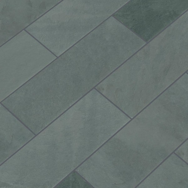 Gauged Slate Floor And Blue Subway Tile, Montauk Blue Slate Floor Tile