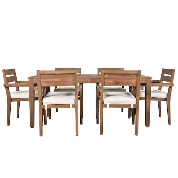 Unbranded Brown 7-Piece Wood Outdoor Dining Set with Beige Cushion, Outdoor Patio Dining Set with 6 Chairs and 1 Rectangle Table