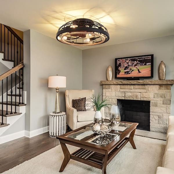 19.7 in. 4-Light Black Caged Flush Mount Ceiling Fan with Light, Industrial Low Profile Fandelier Fan with Remote