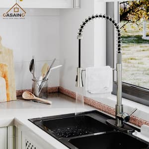 Single-Handle Spring Pull Down Sprayer Kitchen Faucet in Brushed Nickel with Dual Function Sprayhead and Deckplate