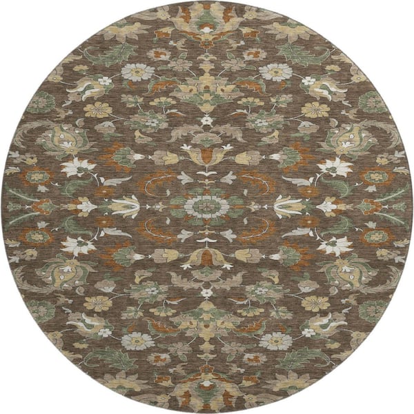 Mayfield Premium Machine Washable Abstract AMF2473 Chocolate 8 ft. x 8 ft. Round Rug