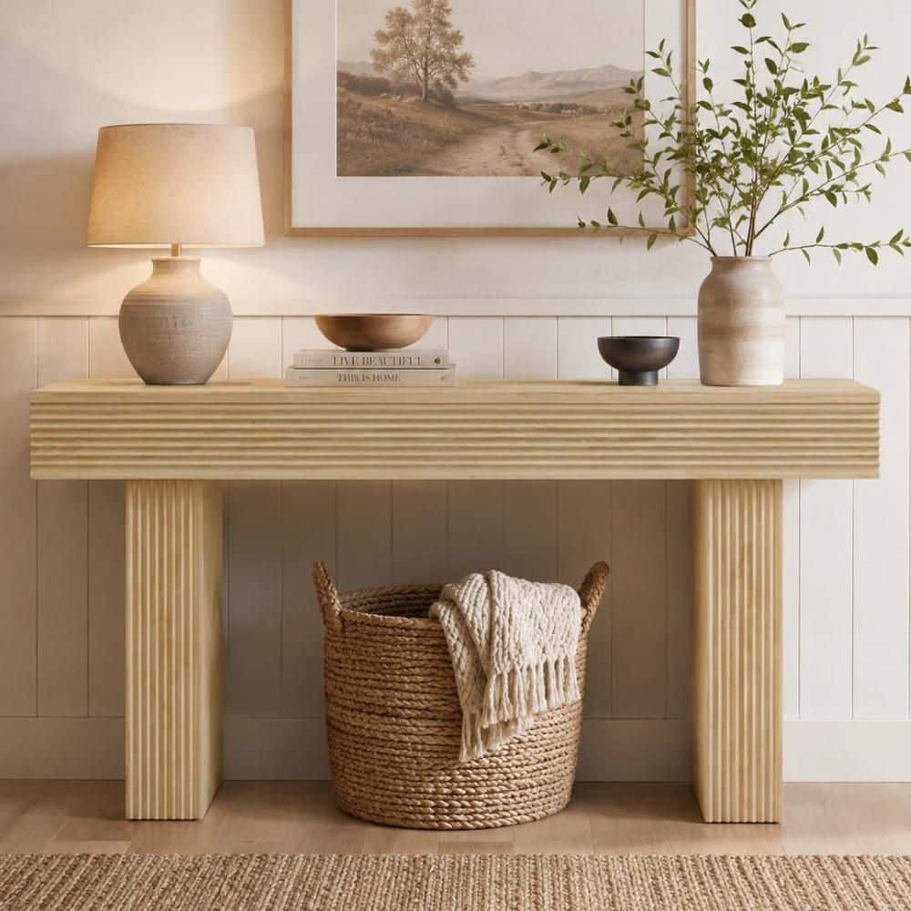 Bestier Fluted 63 in. Natural Oak Rectangle Wood Console Table with ...