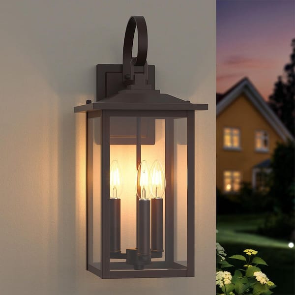 19.93 in. 3-Light Oil Rubbed Bronze Dusk to Dawn Hardwired Metal Exterior Porch Wall Lights Sconces Lighting Fixtures
