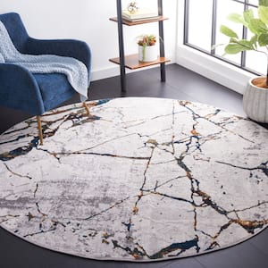 Amelia Gray/Blue Gold 3 ft. x 3 ft. Abstract Distressed Round Area Rug