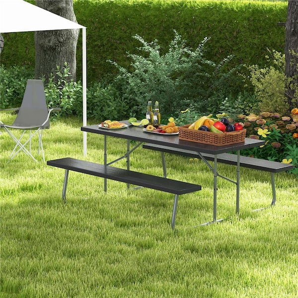 Costway 72 in. Black Rectangle HDPE Plastic Picnic Tables 8 Person