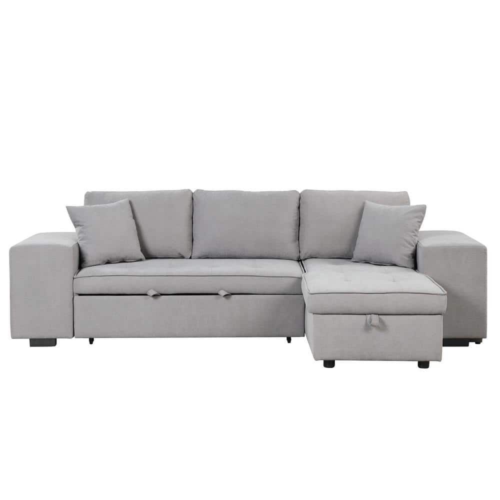 Nestfair 105 In Linen Sectional Sofa Bed Gray With Storage And 2 Stools S10009a The