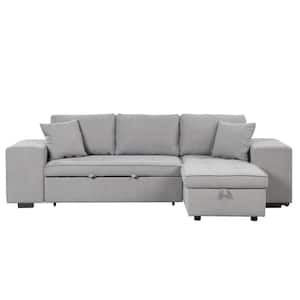 105 in. Linen Sectional Sofa Bed in Gray with Storage and 2-Stools