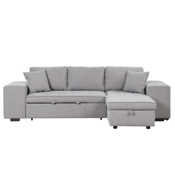 Nestfair 105 in. Linen Sectional Sofa Bed in Gray with Storage and 2-Stools