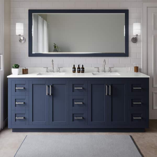 Wyndham Collection Miranda 84 in. W x 22 in. D x 33.75 in. H Double Bath Vanity in Dark Blue with White quartz Top and 70 in. Mirror