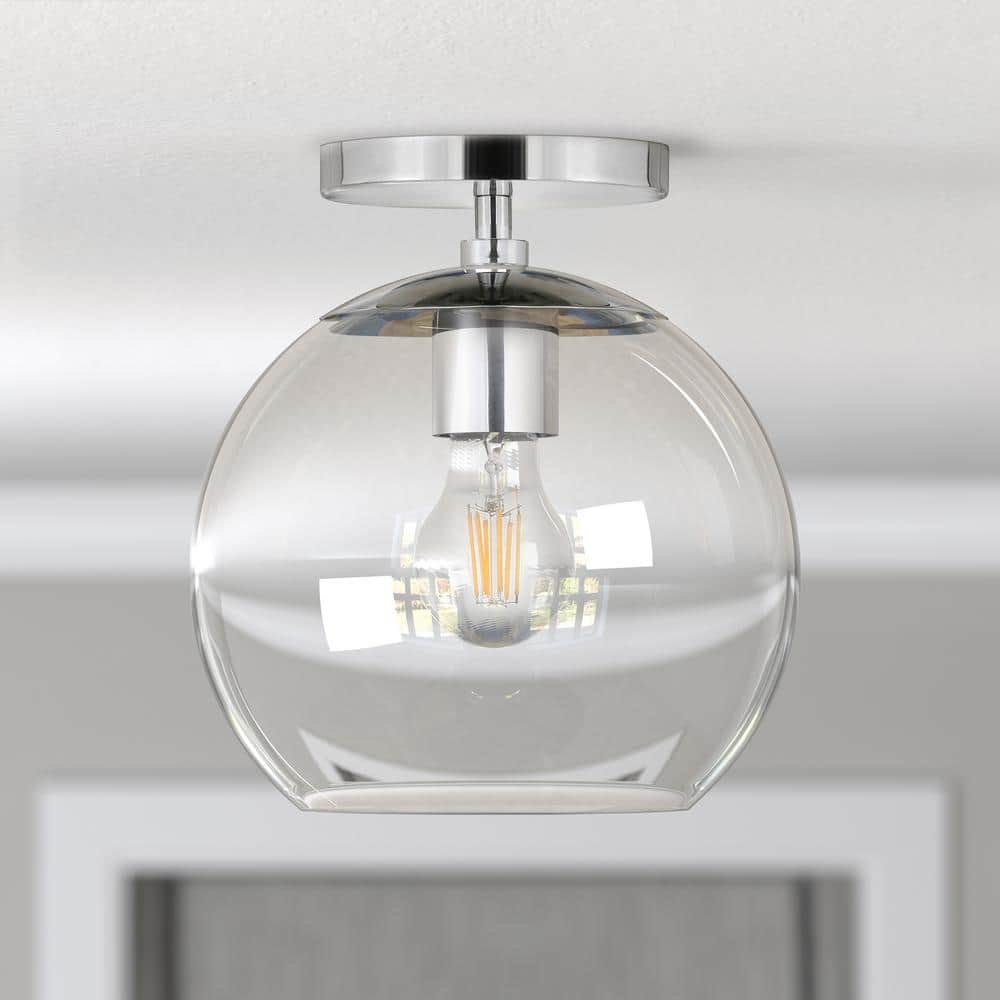 Polished Nickel 9" Glass Drum Semi Flush Mount Light