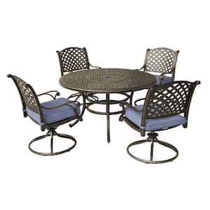 Darling Dark Bronze 5-Piece Aluminum Outdoor Dining Set with Round Table, Swivel Chairs with Blue Cushions