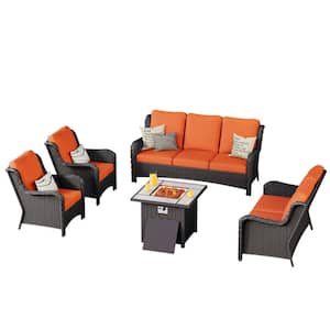 Janus Brown 5-Piece Wicker Patio Fire Pit Conversation Seating Set with Orange Red Cushions
