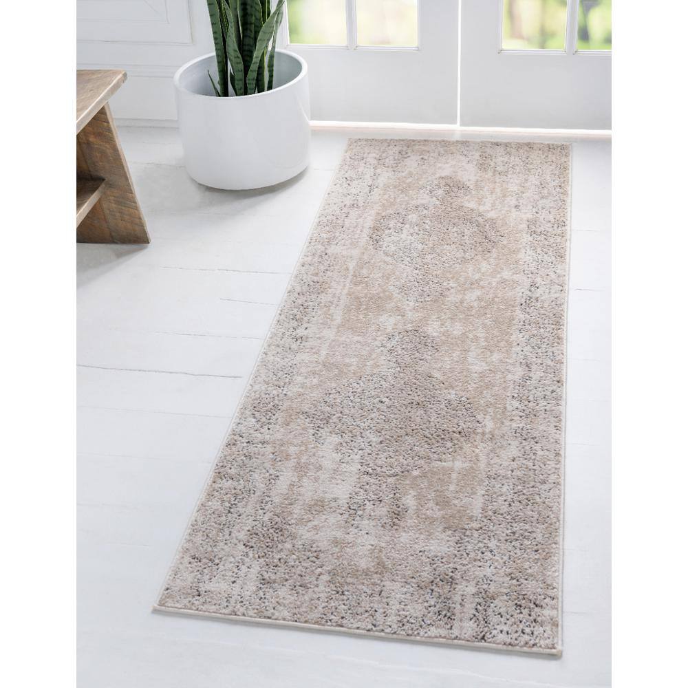 Serene Ivory Abstract 6' Indoor Runner Rug with Stain-Resistant Finish