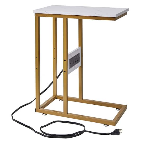 VECELO 11 in. W. Gold C-Shaped End Side Couch Table, Snack Style for Living Room, Sofa, Wood TV Tray with USB Ports and Outlets