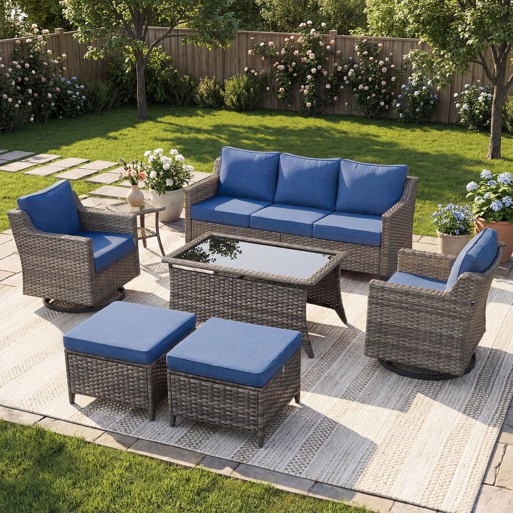 Haven 7-Piece Gray Wicker Patio Conversation Set with 4-Inch Thick Navy Blue Cushions and Coffee table price history on PriceWatchPro