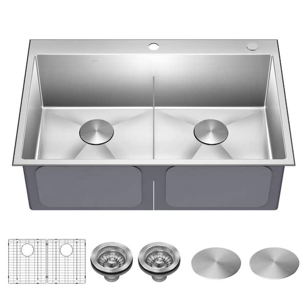 Standart PRO 33in Drop In / Undermount 16 Gauge Double Bowl 2-Hole Stainless Steel Kitchen Sink
