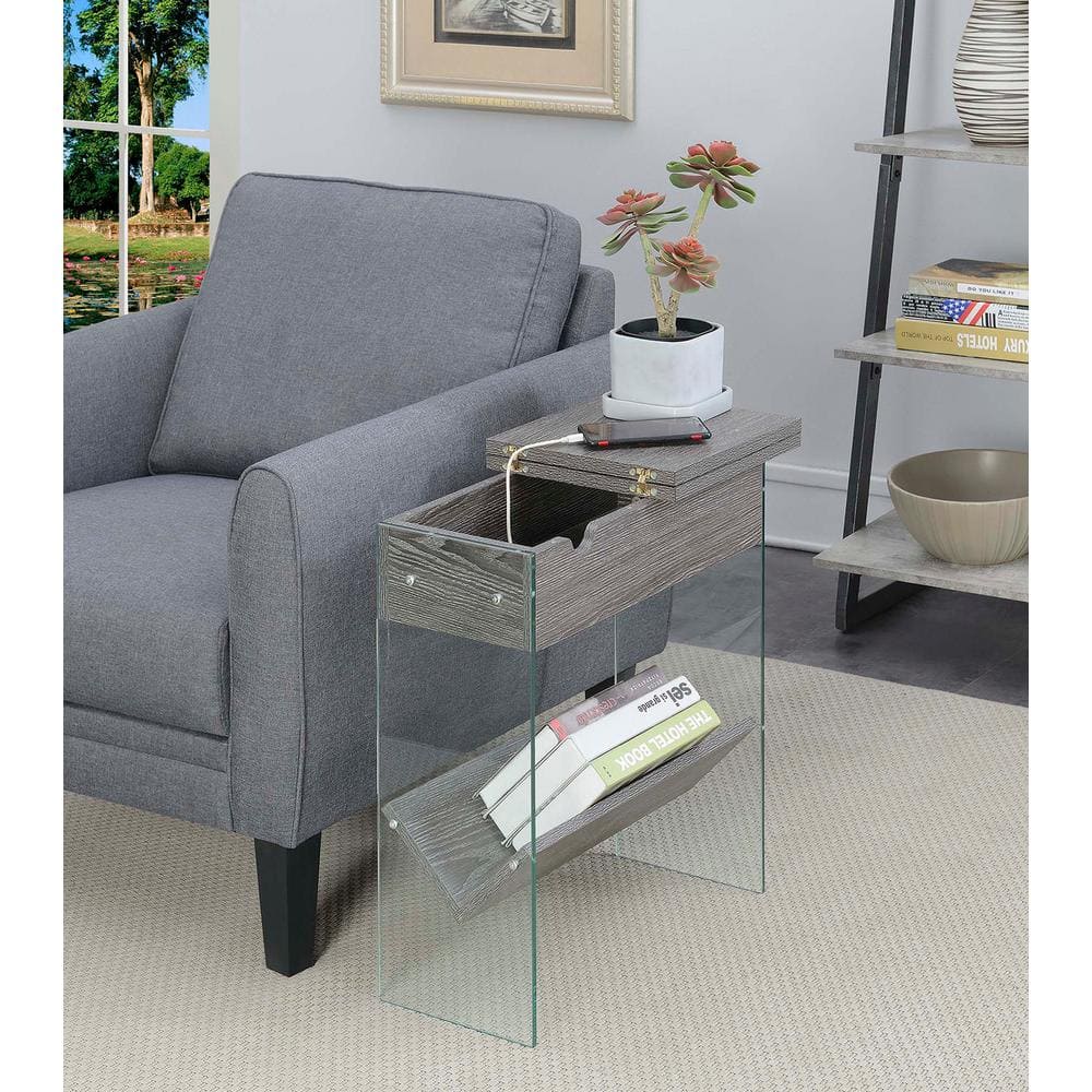 Weathered Gray Flip Top End Table with Charging Station and Glass Panels
