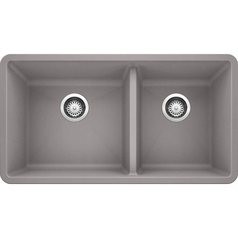 Blanco Precis Undermount Granite Composite 33 In 60 40 Double Bowl Kitchen Sink In Metallic Gray 441130 The Home Depot