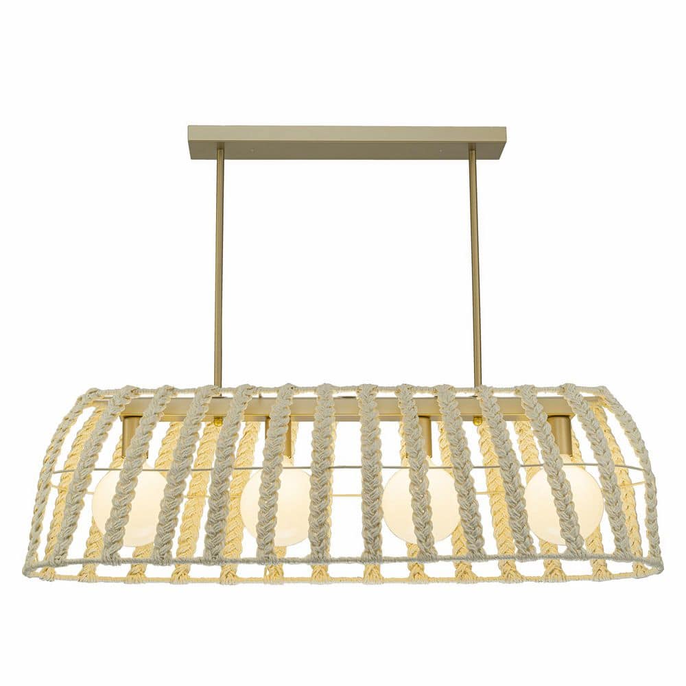 Roka 36 in. 4-Light Gold Coastal Boho Kitchen Island Linear Pendant for Dining Room with White Rattan Shade price history on PriceWatchPro