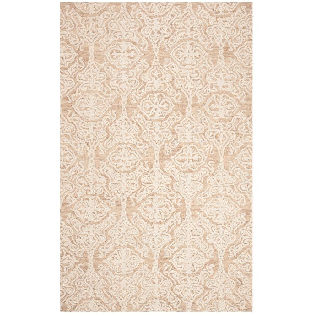 Beige and Ivory Floral Tufted Wool 6' x 9' Area Rug