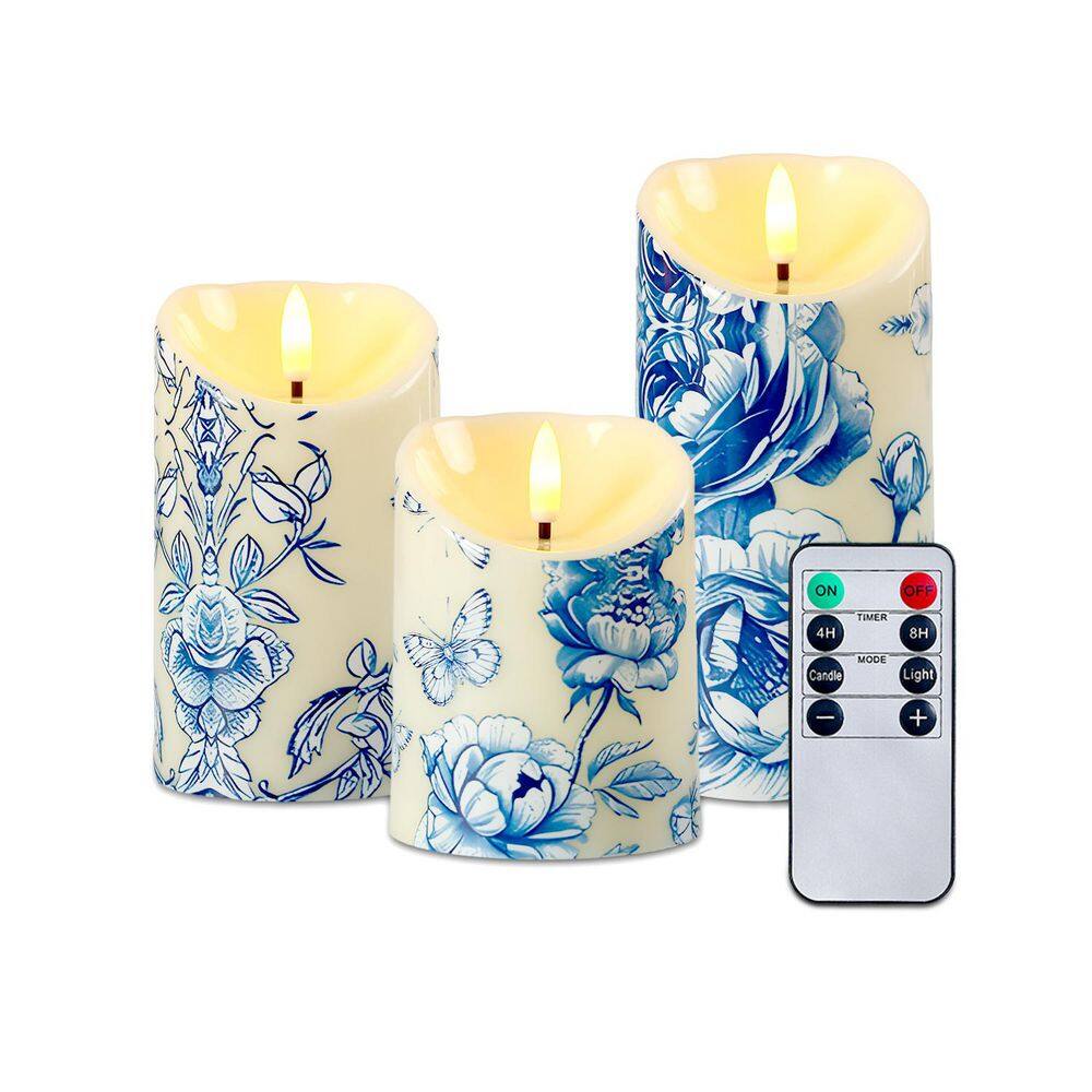Blue Floral Flameless LED Candles Battery Operated Unscented Plastic 1 Wick Candle with Remote 3-Pack for Home Decor price history on PriceWatchPro