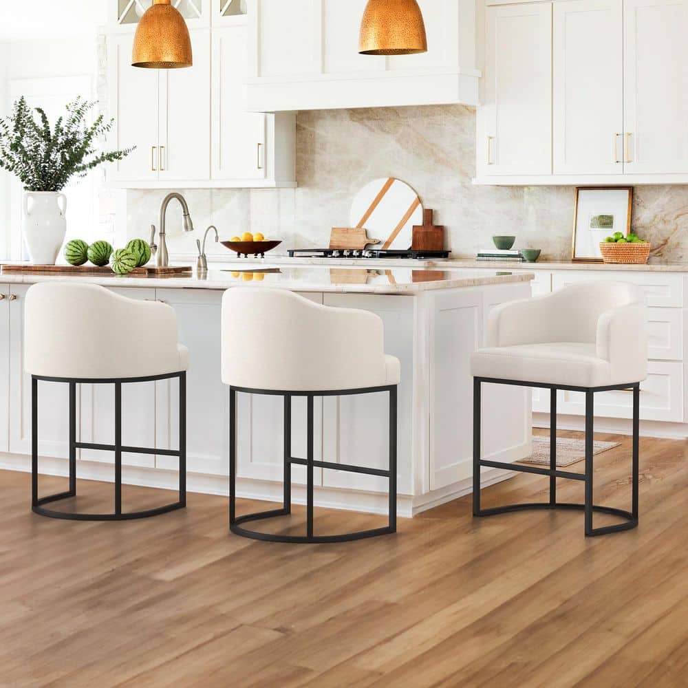 35.2 in. Modern Beige Fabric Upholstered Barrel Counter Stool with Black Metal Frame Counter Height Bar Stool Set of 3 price history on PriceWatchPro