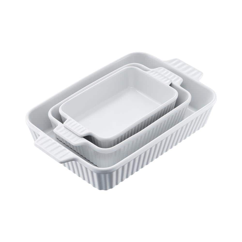 White Ceramic Non-Stick Rectangular Baking Dish Set with Handles