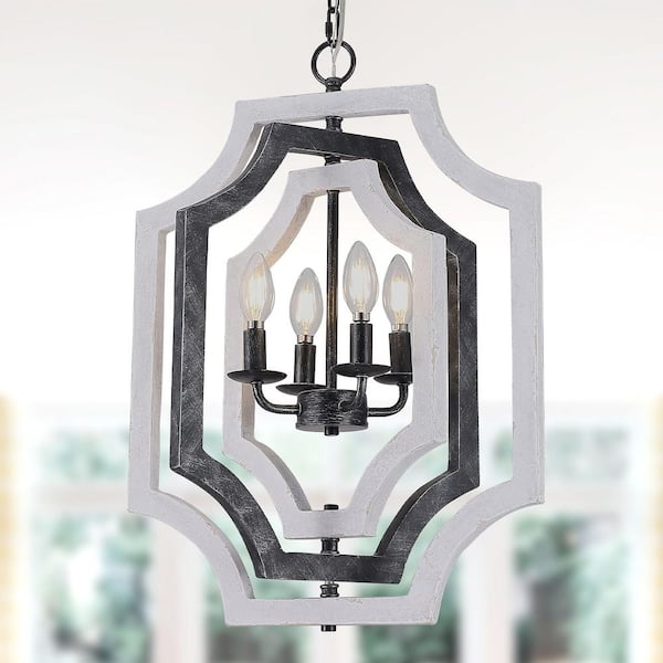 Pamela 4-Light Farmhouse Rustic Distressed White 360° DIY Shape Geometric Pendant Chandelier for Dining Room, Islands