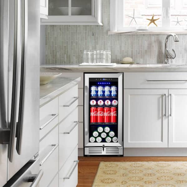15 in. Built-in/Freestanding Single Zone Beverage Refrigerator with 127 Can 12 (oz.) Beverage, Stainless Steel