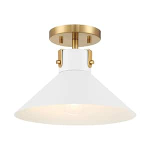 Meridian 11.5 in. W x 8 in. H 1-Light White and Natural Brass Contemporary Semi-Flush Mount