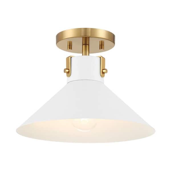 Meridian 11.5 in. W x 8 in. H 1-Light White and Natural Brass Contemporary Semi-Flush Mount