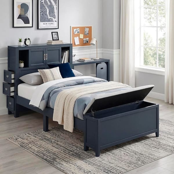 Lazzara Eliza Navy Blue Wood Frame Twin Bookcase Platform Bed with