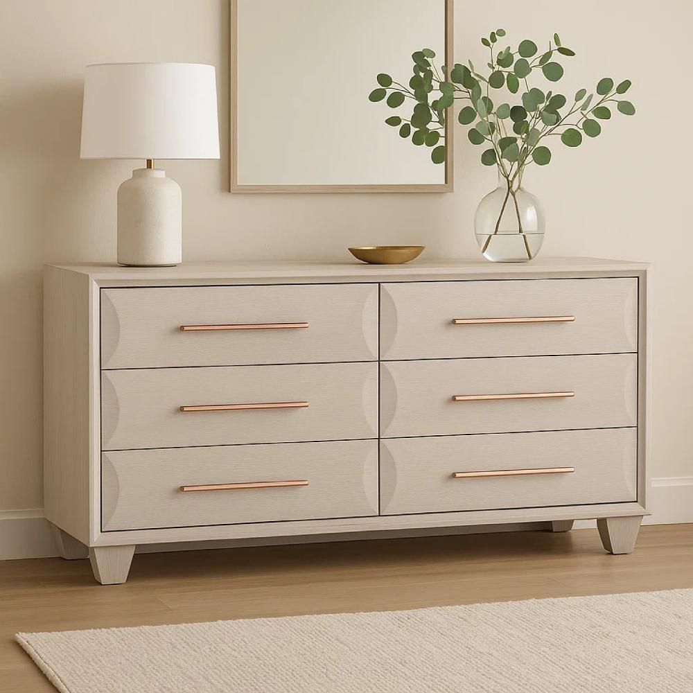Nitz White Oak and Rose Gold 6 Drawer 64 in. Dresser without Mirror