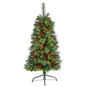 4 ft. Flat Back Pine Artificial Christmas Tree with Pinecones, Berries, Warm White Lights and Bendable Branches