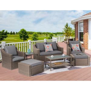 Brown 8-Piece Wicker Outdoor Sectional Set with Gray Cushions and Glass Table