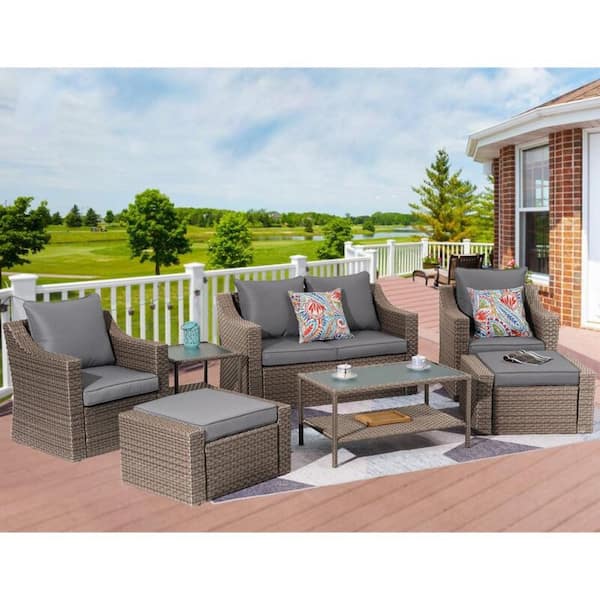 Cesicia Brown 8-Piece Wicker Outdoor Sectional Set with Gray Cushions ...