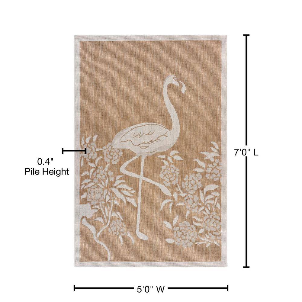 Beige Flamingo Bird Synthetic Indoor/Outdoor Area Rug 5' x 7'