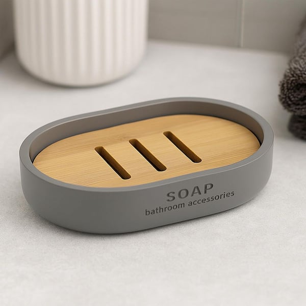 WILLIS Freestanding Soap Dish with Draining Bamboo Insert Gray