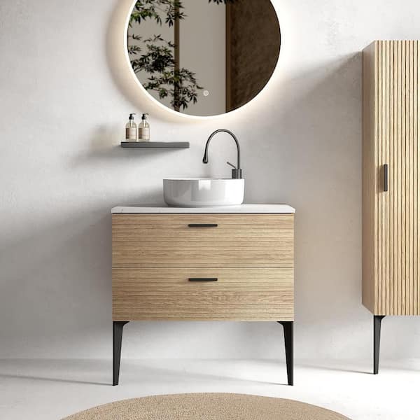 MEDUNJESS Aaby 30 in. W x 19 in. D Wall Mounted Floating Bath Vanity Cabinet in Brown with White Engineered Stone Top and Sink