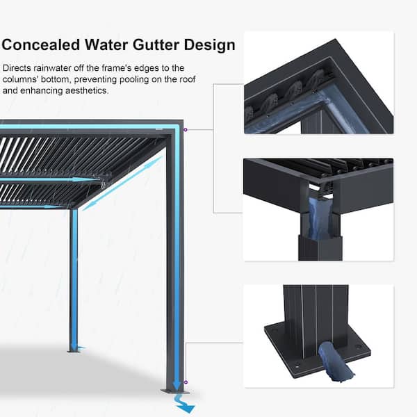 12 ft. x 20 ft. Gray Aluminum Frame Outdoor Hardtop Louvered Pergola with Adjustable Sunshade Roof and In-Built Gutter