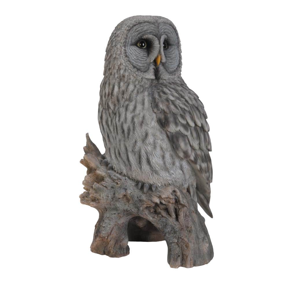 Grey Polyresin Owl on Tree Stump Statue