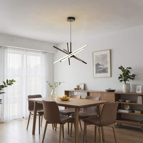 5-Light Black Modern LED Chandelier, Linear Pendant Light with Remote, 3-Color Dimmable for Dining Room Kitchen Island