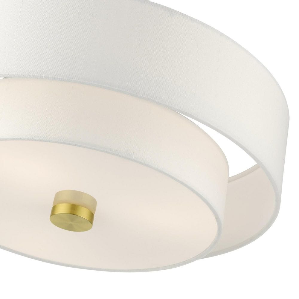 Satin Brass Modern 3-Light Semi-Flush Drum Light with Off-White Shade