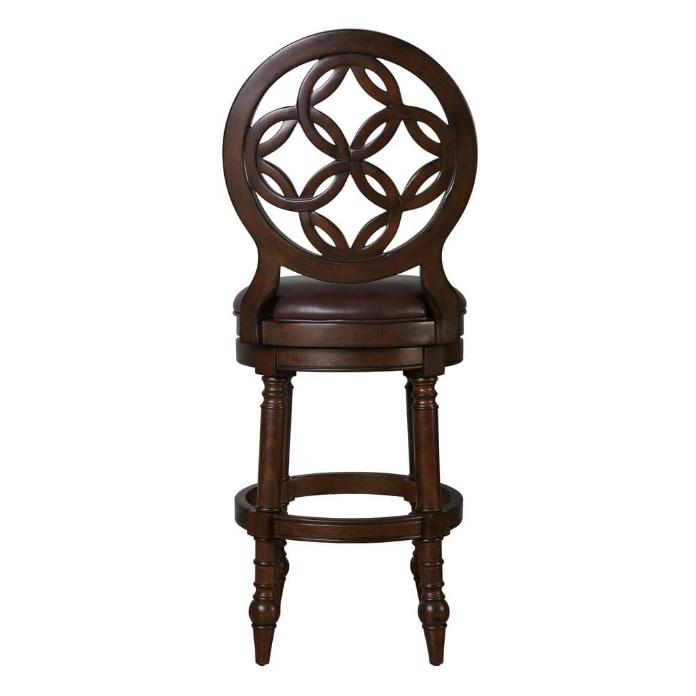 Distressed Walnut Swivel Bar Stool with Brown Faux Leather Seat